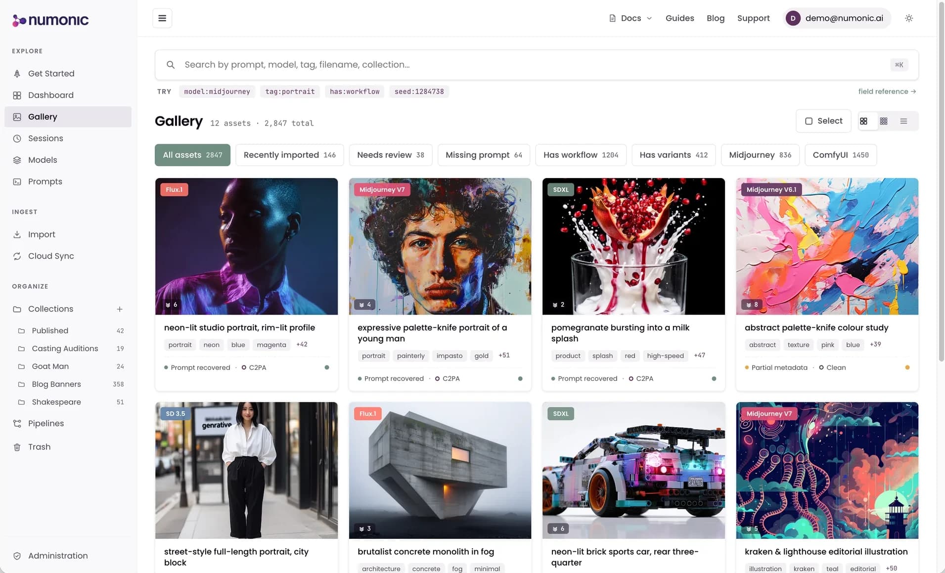 The Numonic app: a unified Asset Gallery of a studio's AI generations, automatically tagged, searchable, and organized.