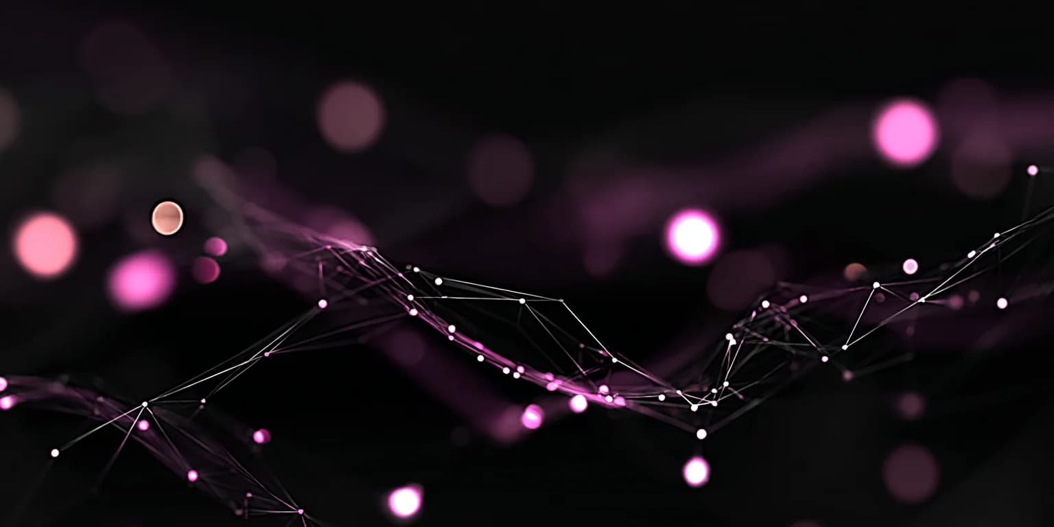 A ComfyUI workflow graph visualised as a network of glowing nodes on a dark field, representing parameter evolution across multiple runs