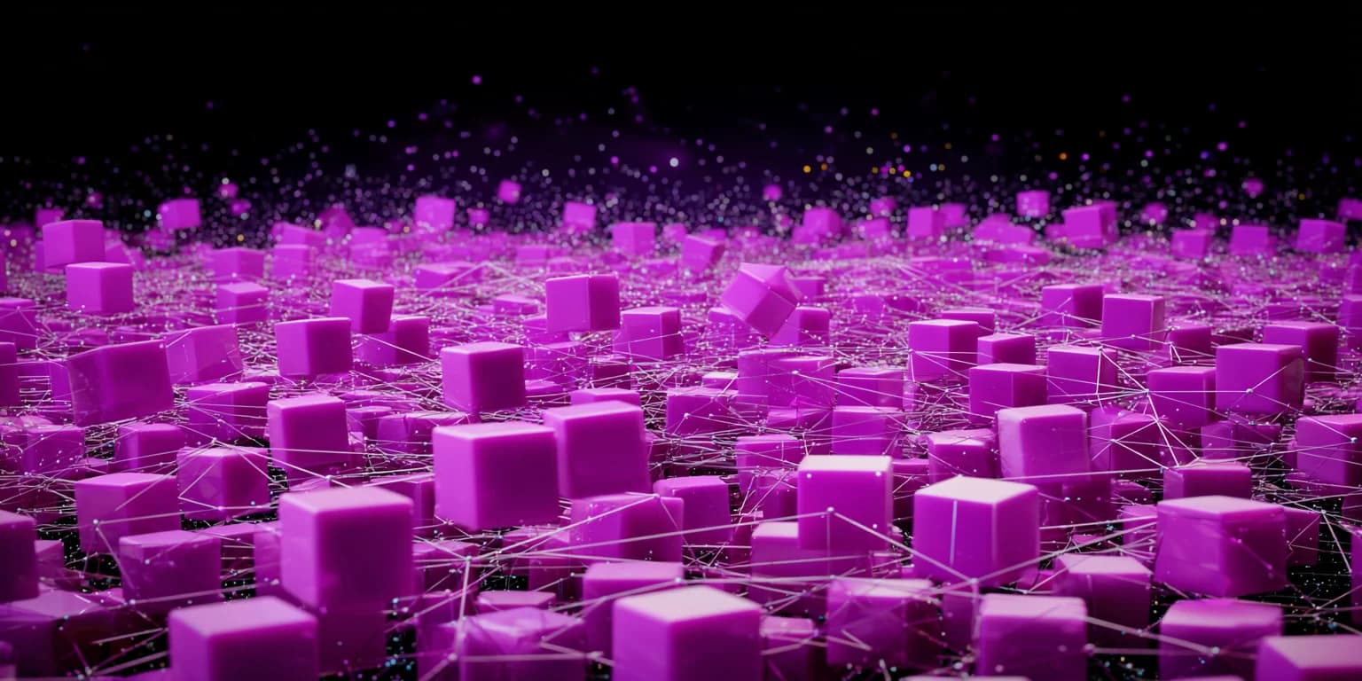 Abstract visualisation of interconnected purple cubes forming a digital governance network
