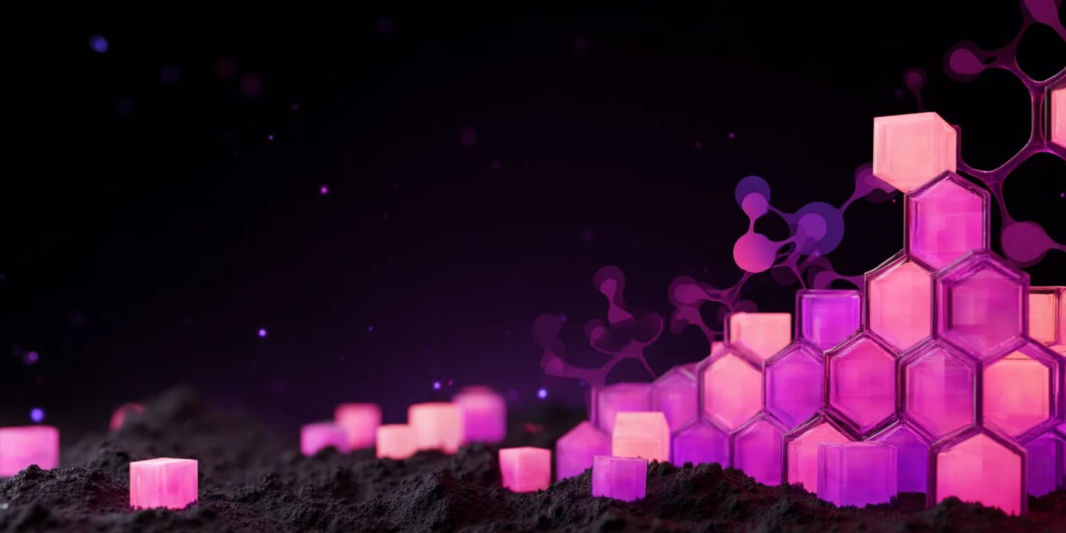 A stepped structure of glowing hexagonal blocks on the right, with isolated lit cubes scattering away to the left across dark ground into black emptiness