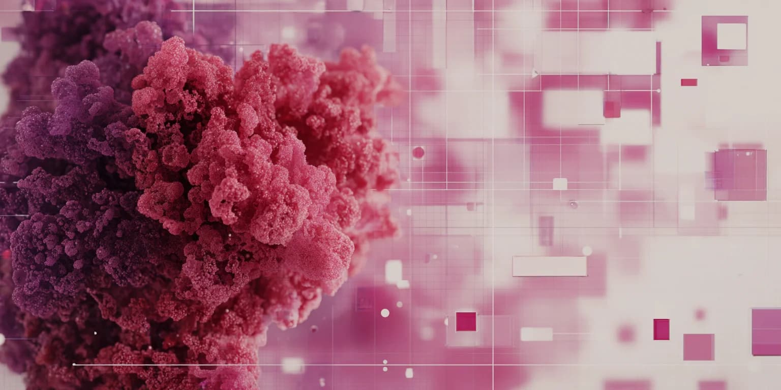 Abstract visualisation: Pink nebula smoke with digital grid representing layers of content trust
