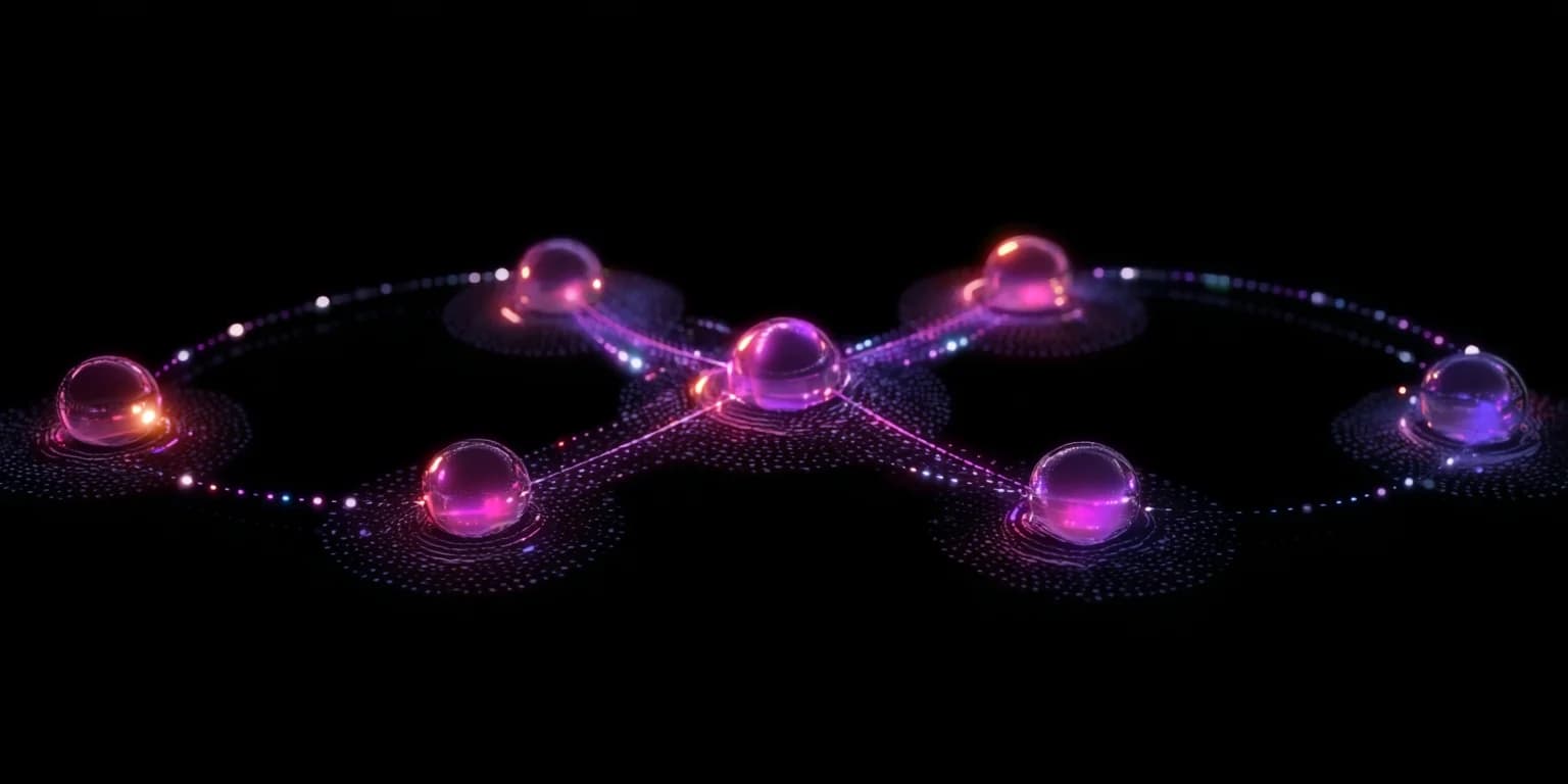 Abstract visualisation: glowing spheres resting in dotted basins, linked by looping orbital paths across a dark field — a network of connected wells