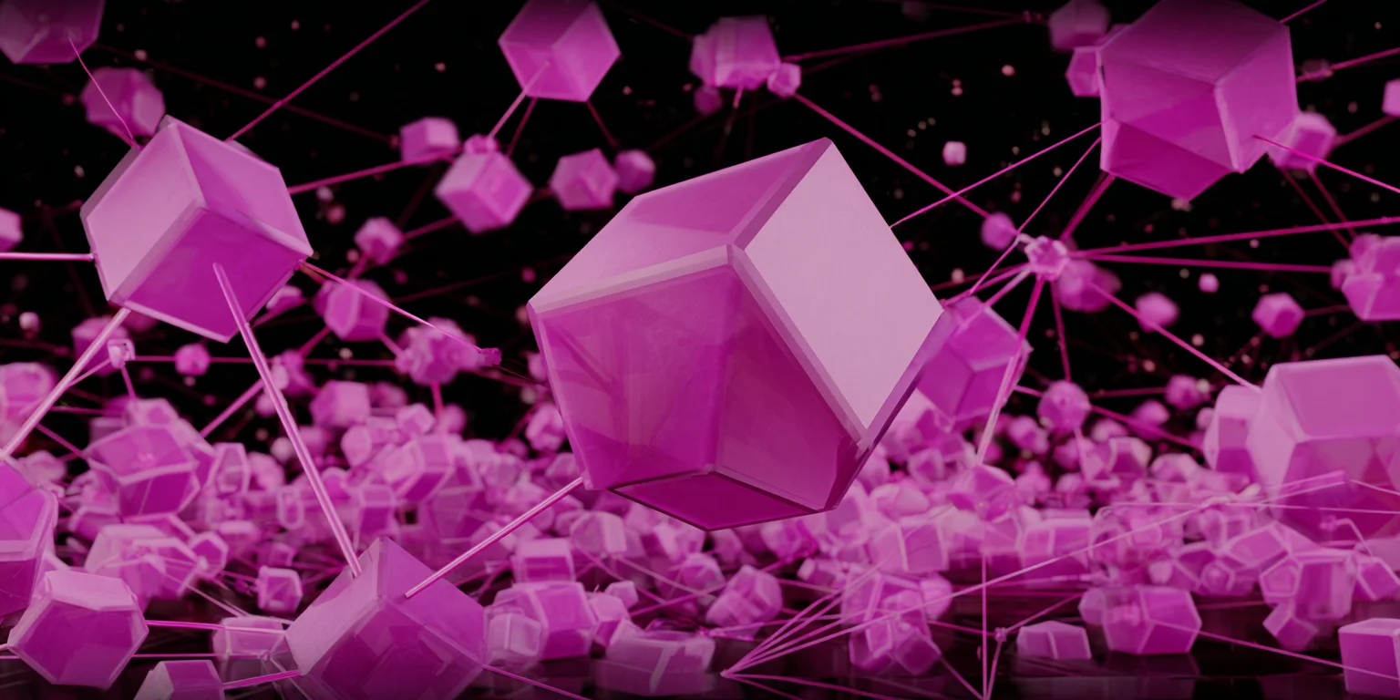 Abstract visualisation of an interconnected geometric network lattice in neon magenta and purple, evoking the connective tooling wrapped around an AI model