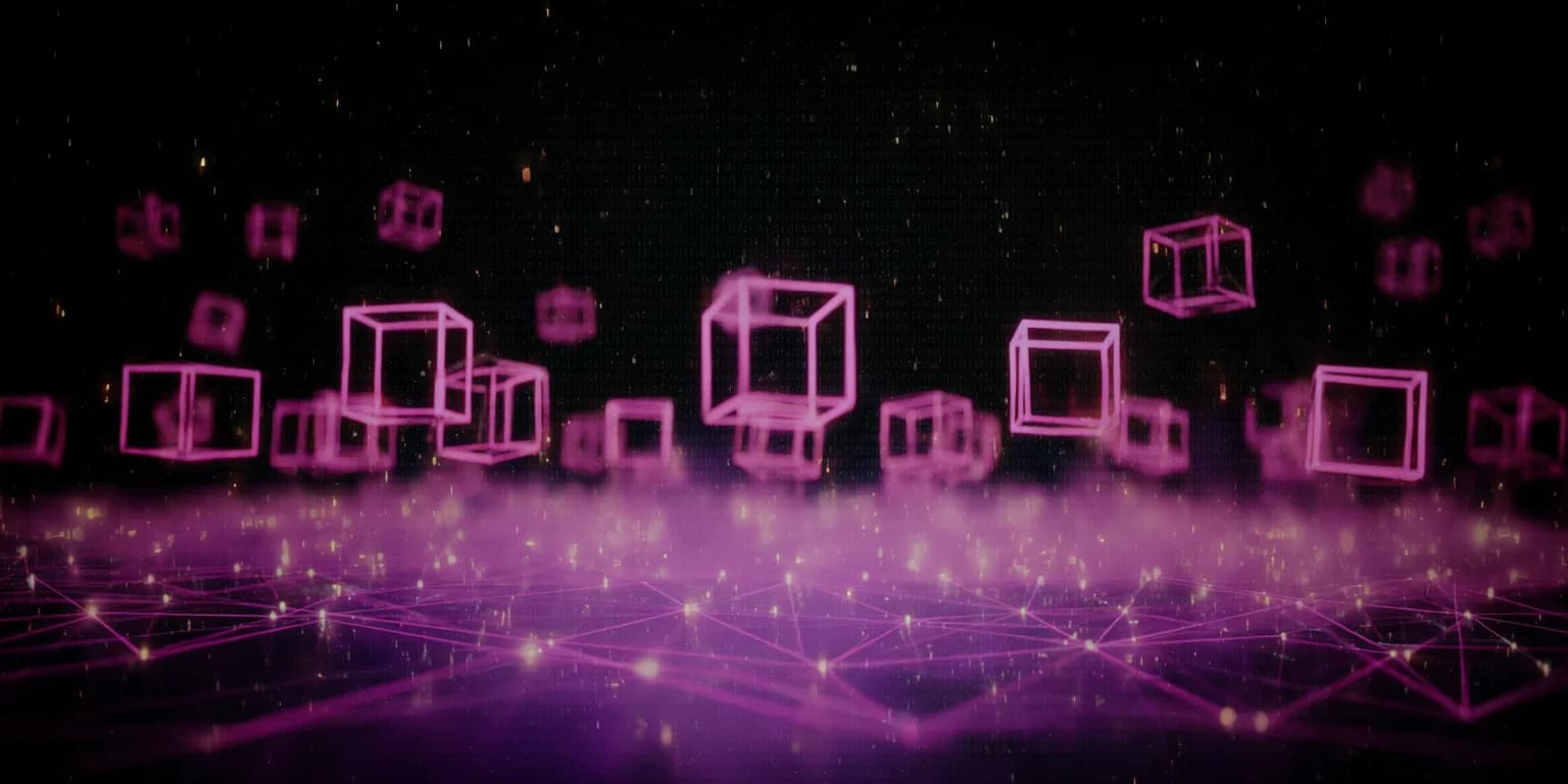 Hollow wireframe cubes suspended at varying depths above a lit network plane, their interiors empty and the furthest ones fading into darkness