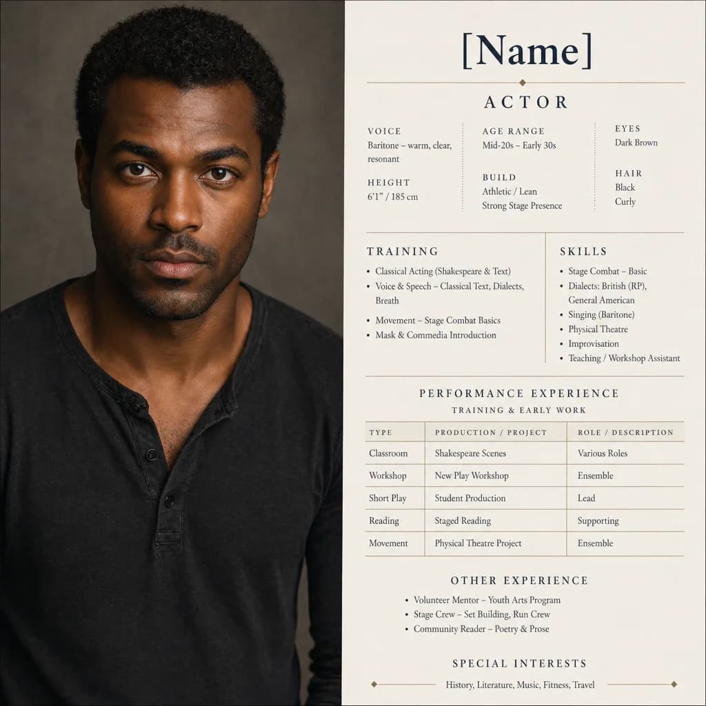 Darren Cole — synthetic pillar actor, Black London-based man in his mid-forties with deep-brown skin and short tight curls, head-and-shoulders portrait