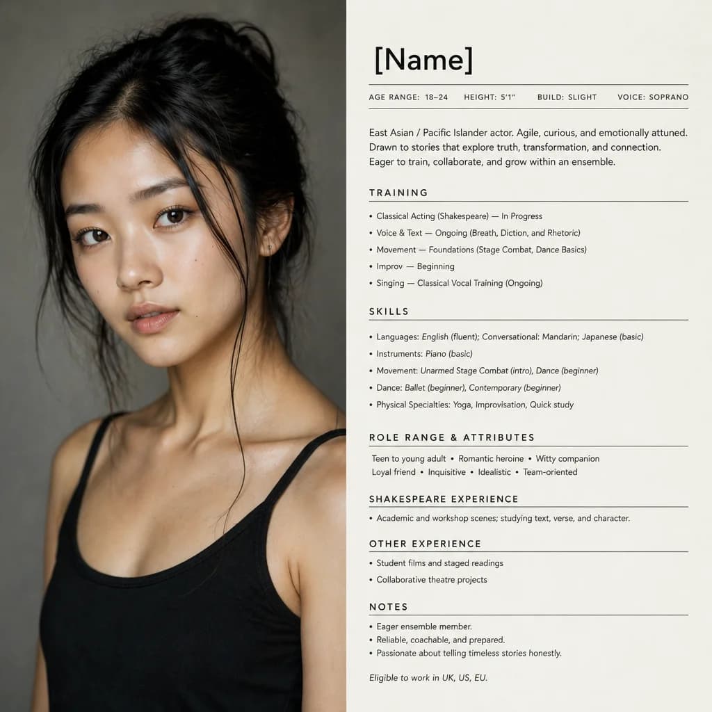 Mina Takahashi — synthetic pillar actor, East Asian Japanese-American young woman aged eighteen to twenty-four, head-and-shoulders portrait